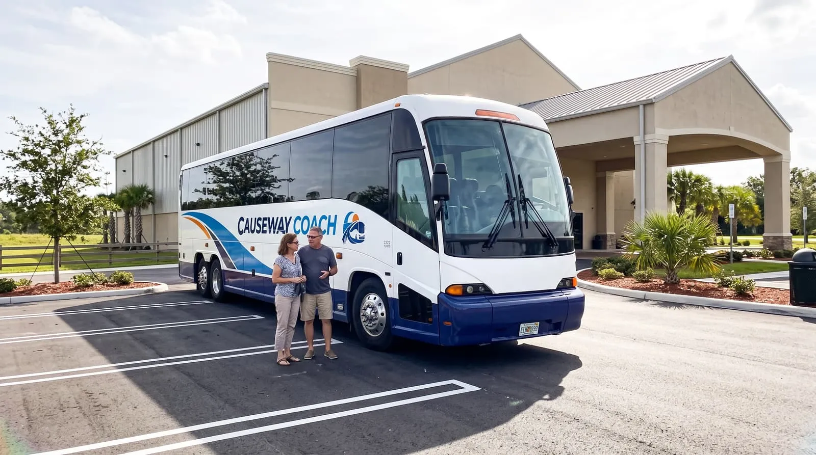 Two adults beside a Causeway Coach motorcoach in the parking lot of a church campus in Davie