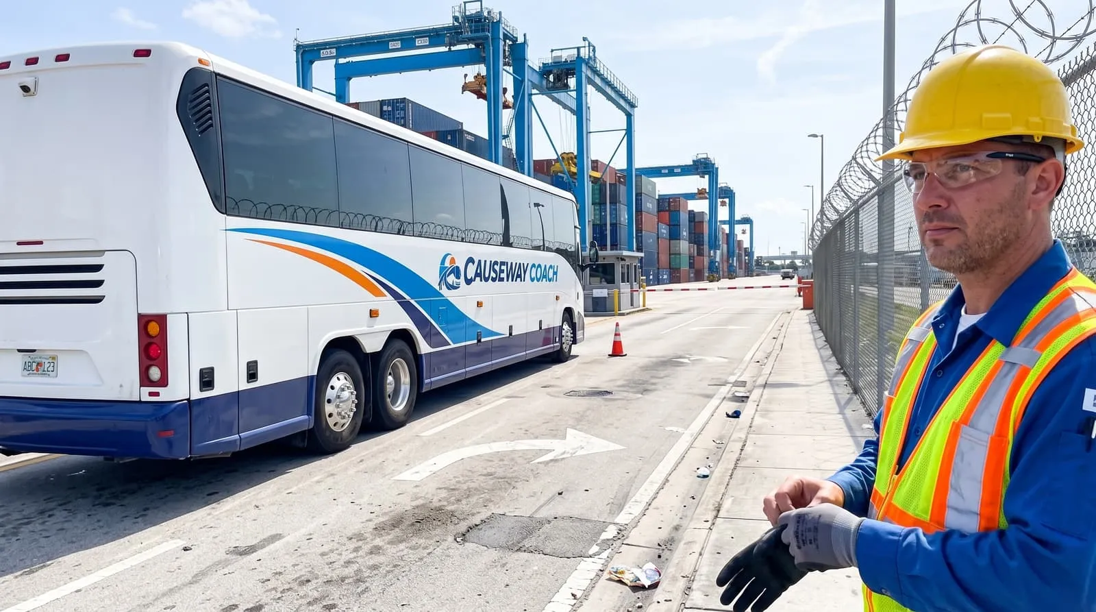 A port worker in a hard hat beside a Causeway Coach shuttle on the access road at Port Everglades