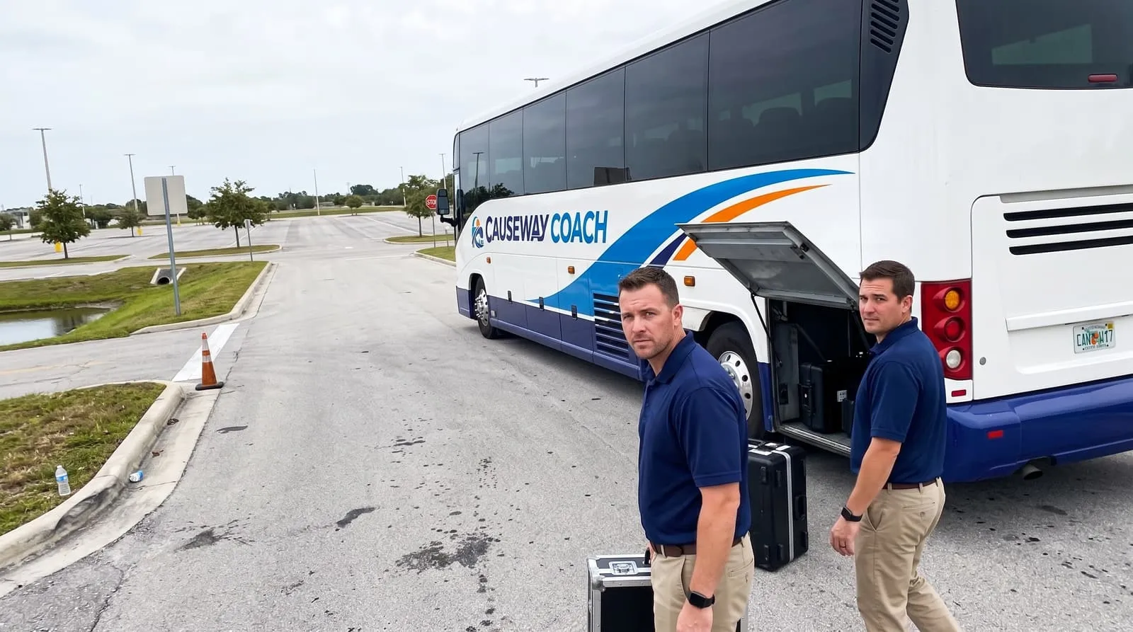 Team staff unloading equipment cases from a Causeway Coach motorcoach on the approach road to an arena in Sunrise