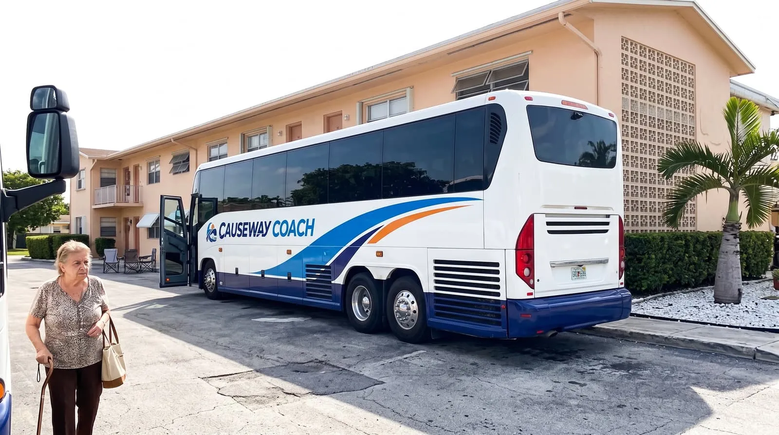 An older woman with a cane approaching the open door of a Causeway Coach motorcoach outside senior housing in Hialeah