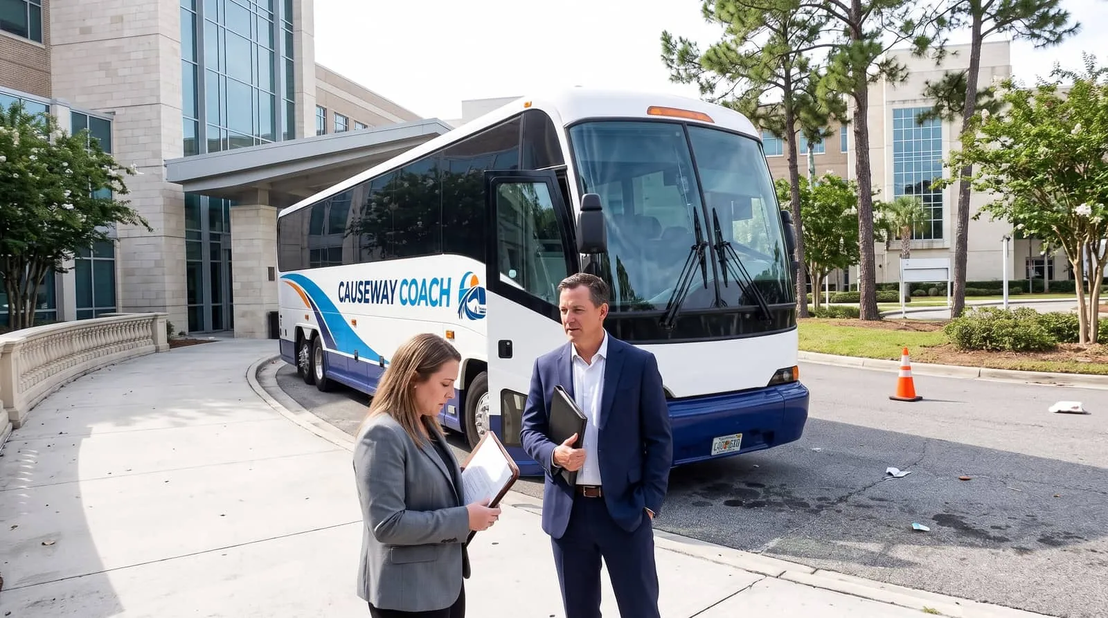 Two people in business clothes with folders beside a Causeway Coach motorcoach at a Jacksonville hospital entrance drive
