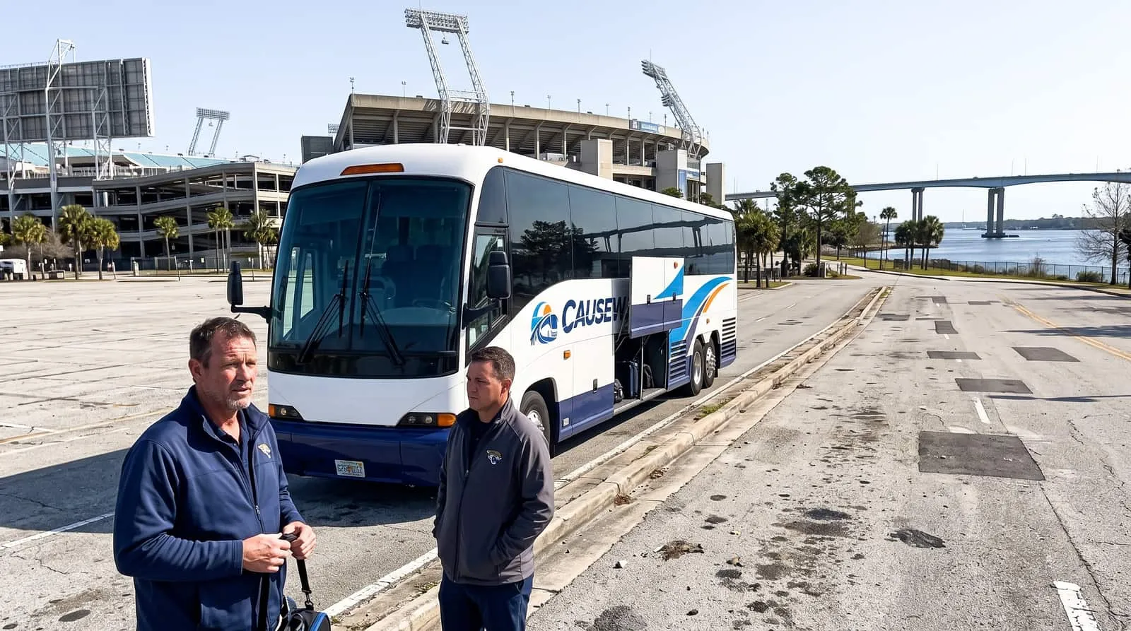 Team staff at the luggage bay of a Causeway Coach motorcoach on a riverfront service road beside the Jacksonville stadium complex