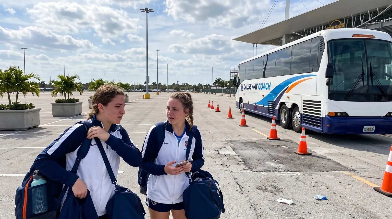 Young athletes with kit bags beside a Causeway Coach motorcoach on a stadium service road in Miami Gardens