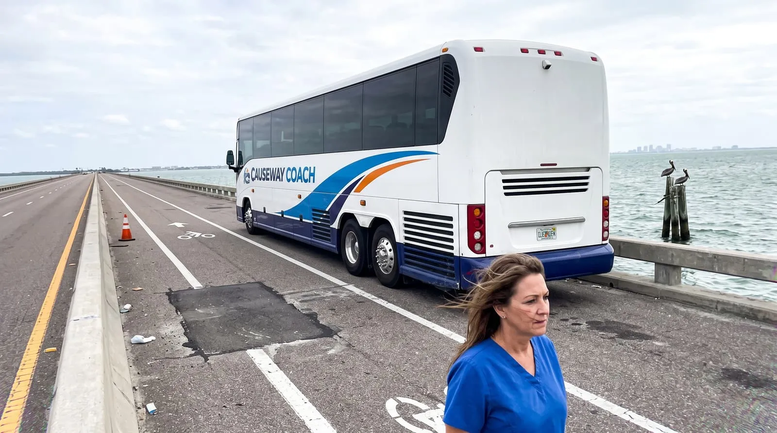A worker in scrubs beside a Causeway Coach shuttle on the shoulder of a causeway crossing Tampa Bay