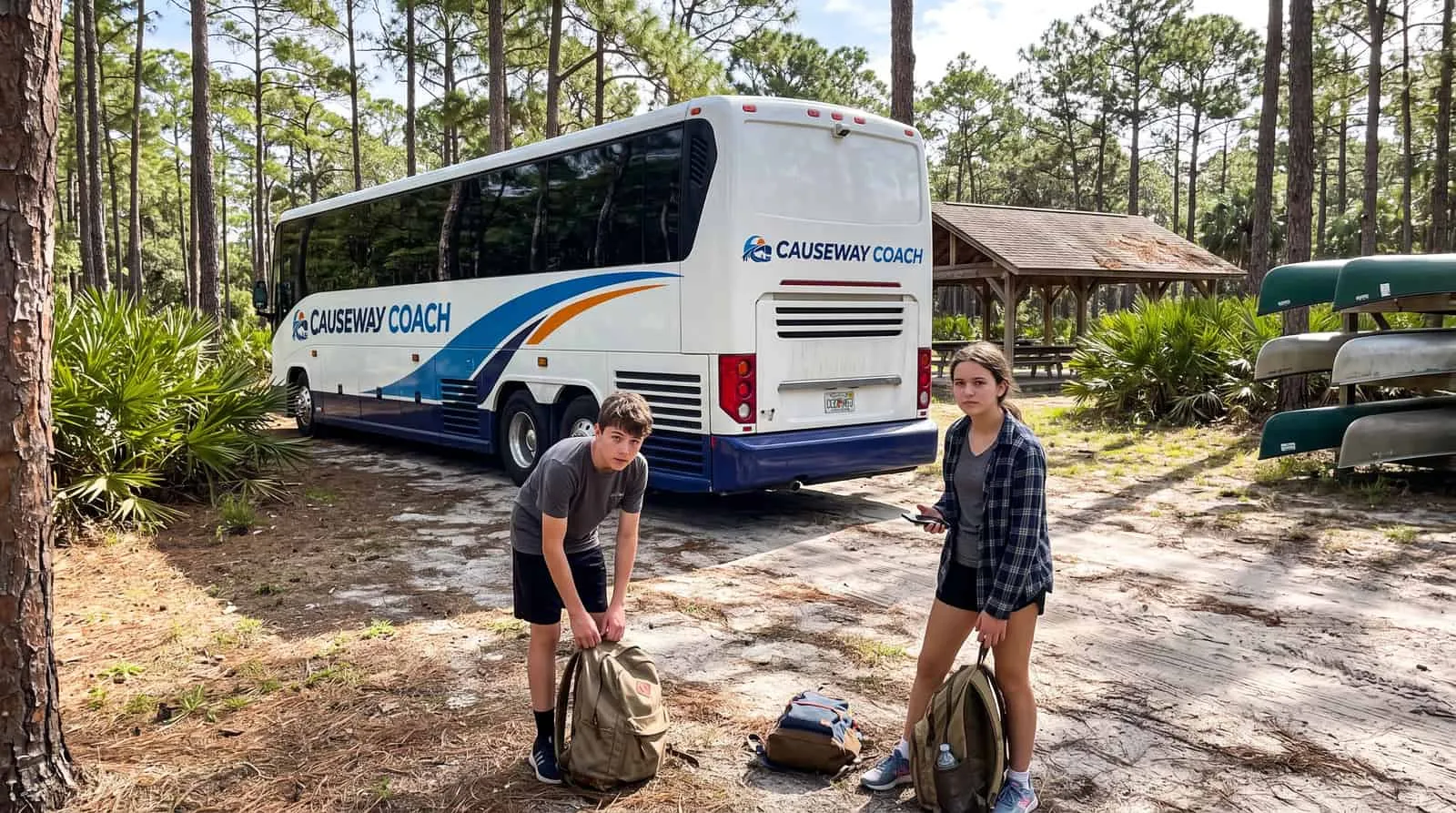 Two teenagers with backpacks beside a Causeway Coach motorcoach on a sandy track at a scout camp near Tampa