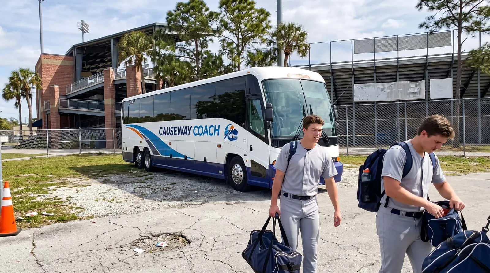 Young ballplayers with equipment bags beside a Causeway Coach motorcoach at a Tampa spring training ballpark