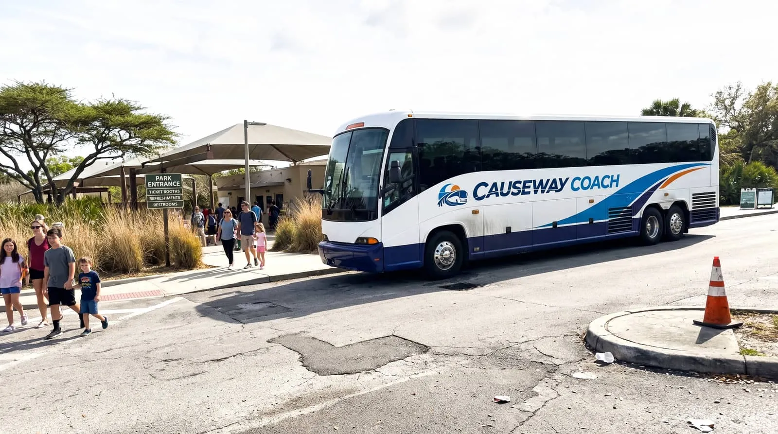 Causeway Coach mid-size coach travelling toward the Tampa attractions area