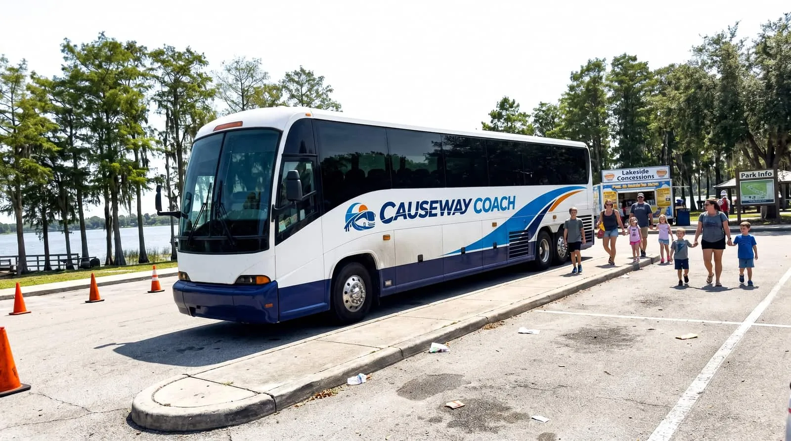 Primary school group boarding a Causeway Coach bus for a Central Florida attraction visit