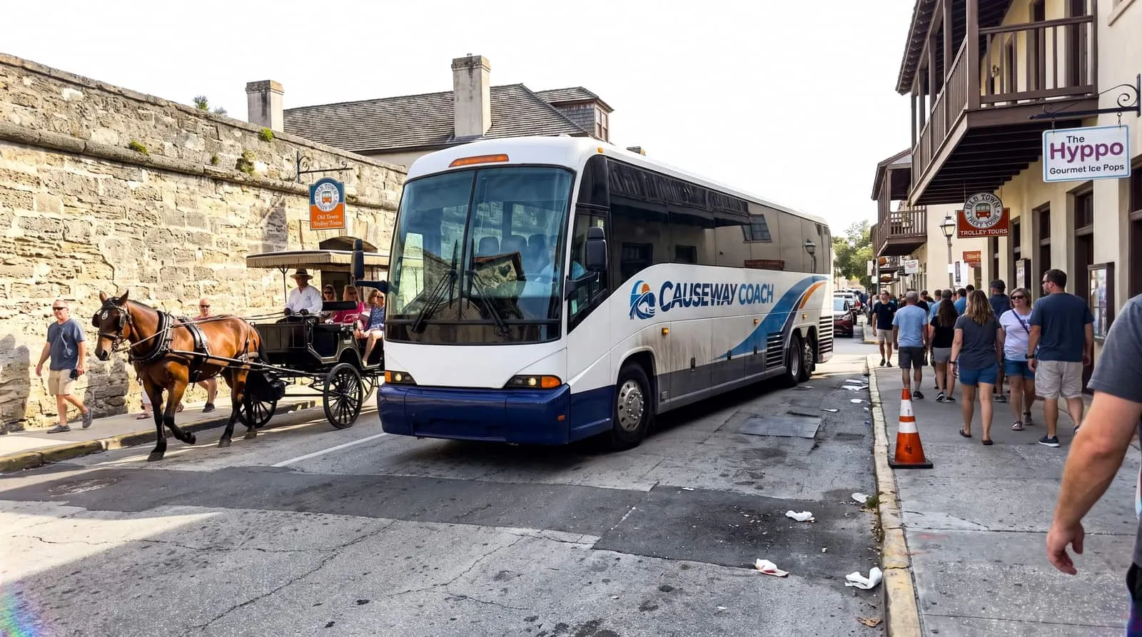 School group arriving by Causeway Coach at a designated bus area near the St. Augustine historic district
