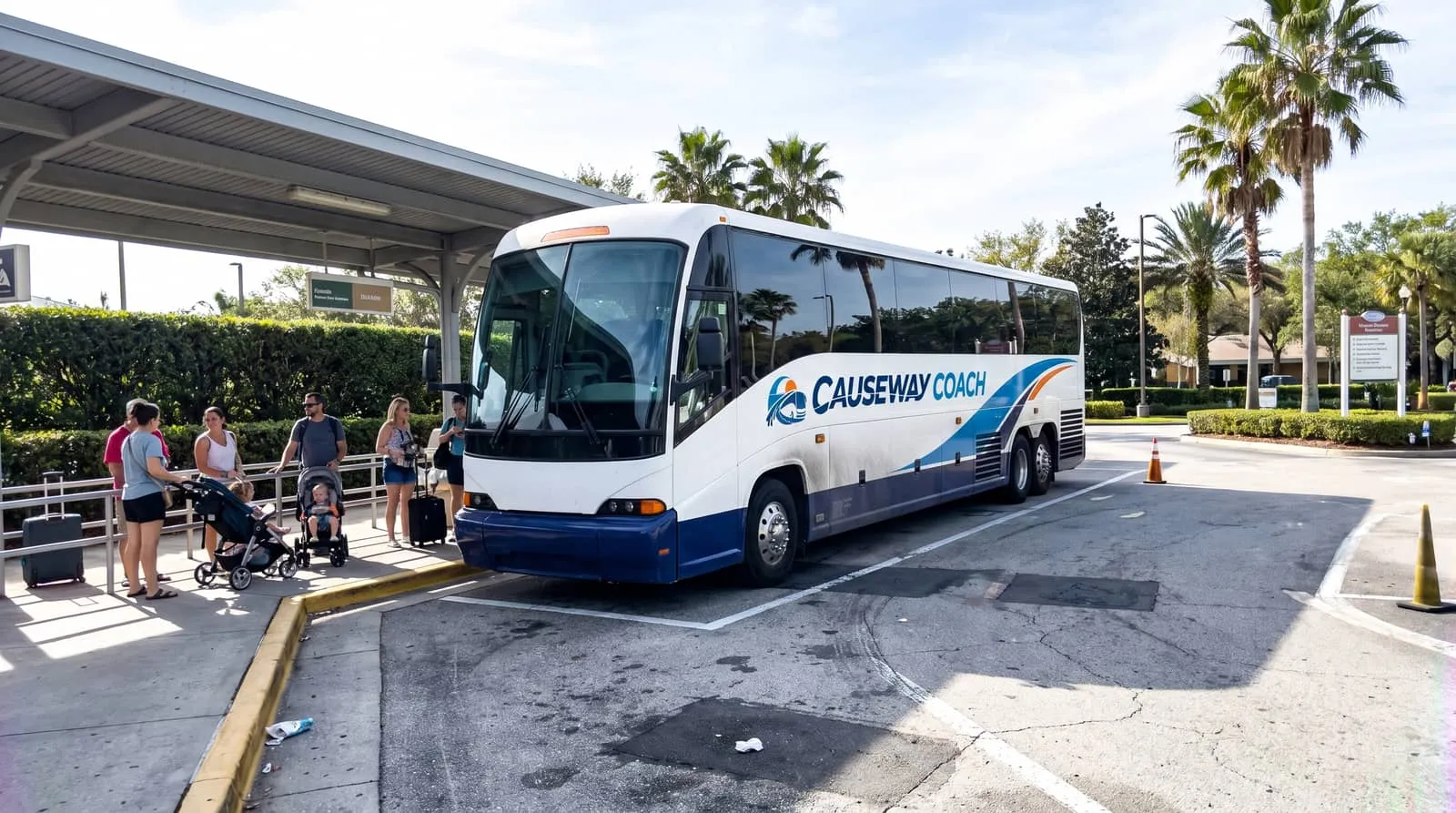 Causeway Coach motorcoach on a Central Florida highway approaching the Lake Buena Vista resort area