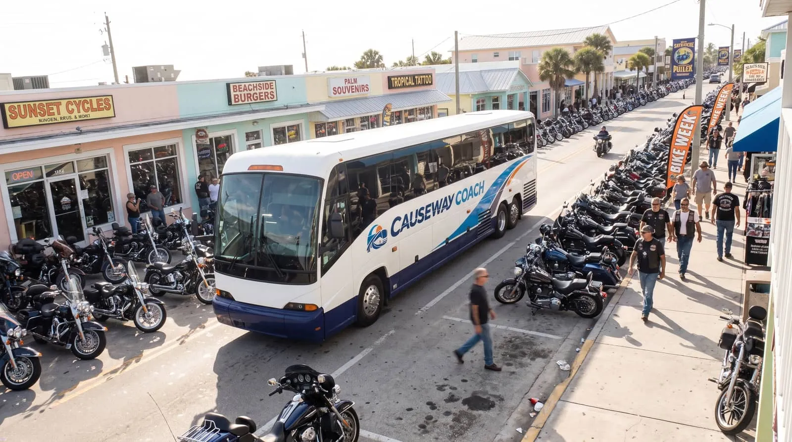 Causeway Coach motorcoach running a hotel shuttle loop during a Daytona Beach rally week