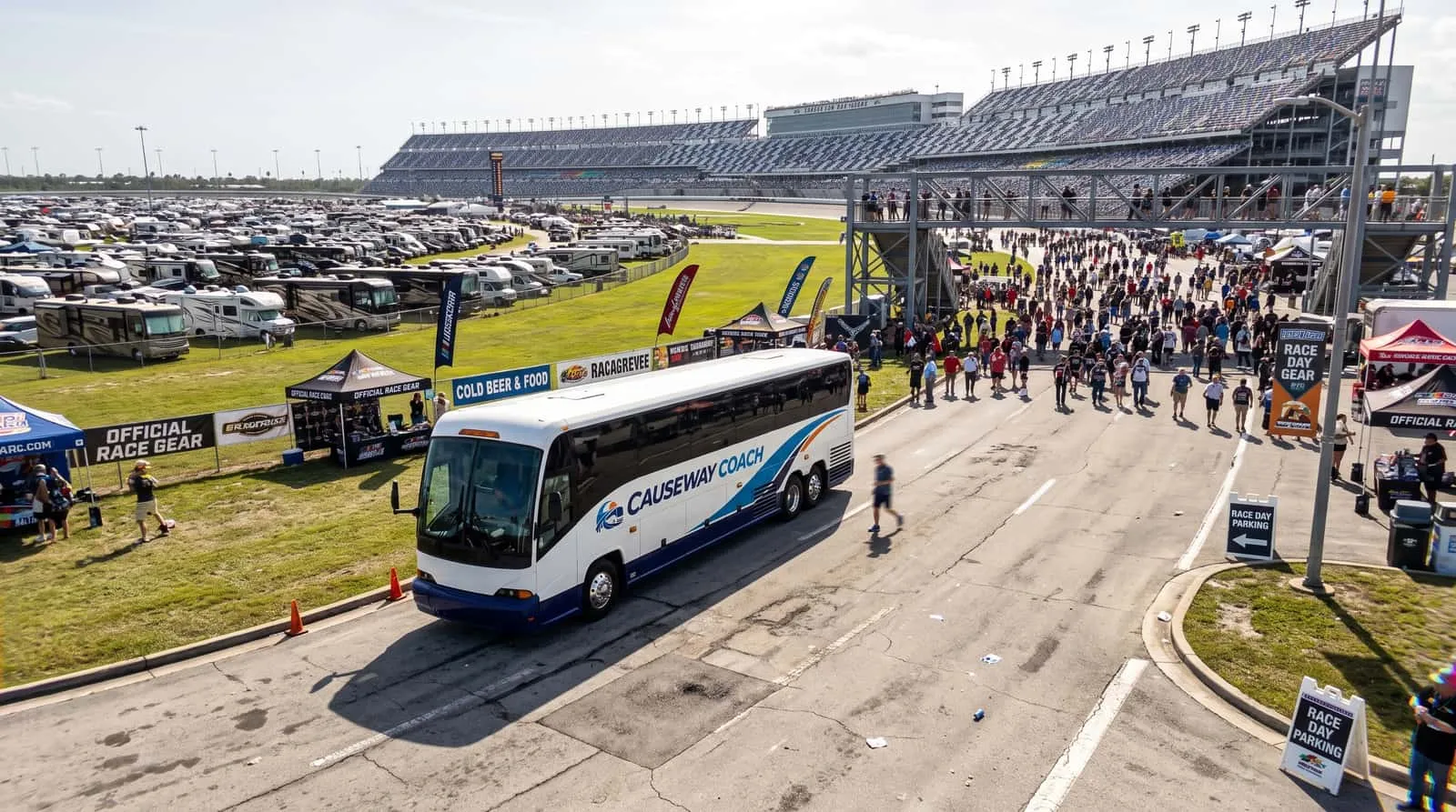 Causeway Coach motorcoach transporting a group toward Daytona International Speedway on race weekend