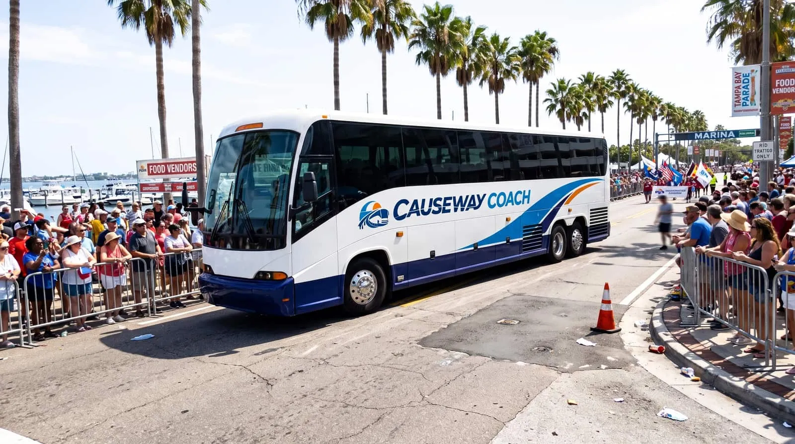 Causeway Coach motorcoach carrying a group toward a Tampa parade weekend