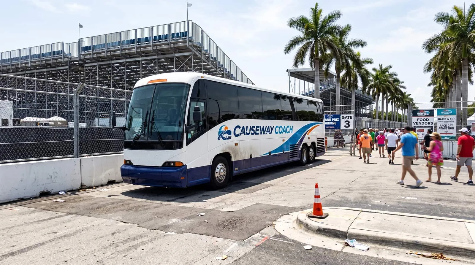 Causeway Coach motorcoach transporting a corporate group to a Miami Gardens stadium race weekend