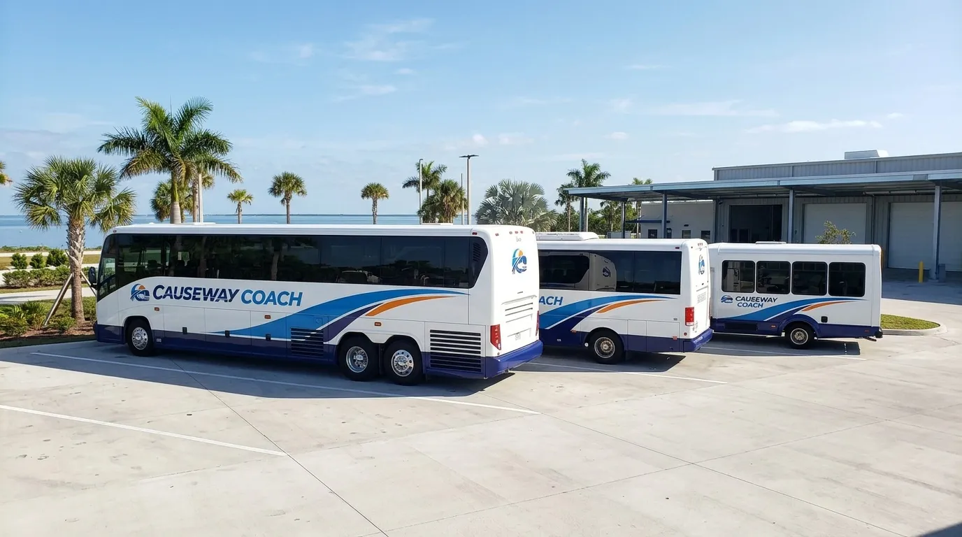 Three Causeway Coach vehicles parked at the depot: motorcoach, mid-size coach, and minibus