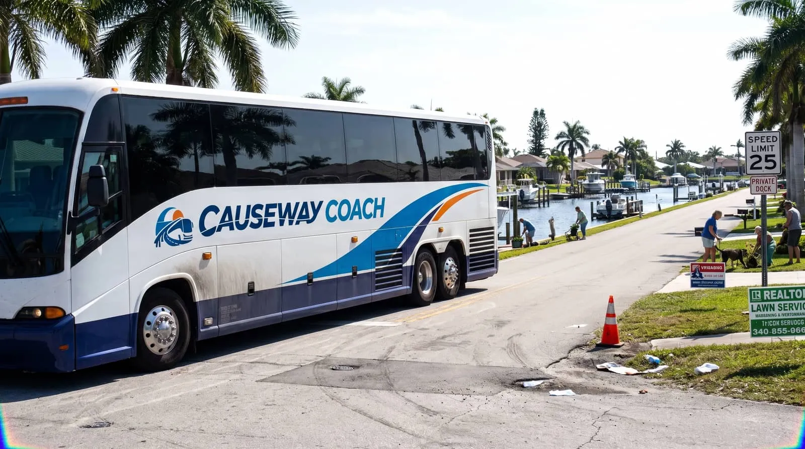 Causeway Coach minibus on a Cape Coral canal-front street ready for a community group pickup