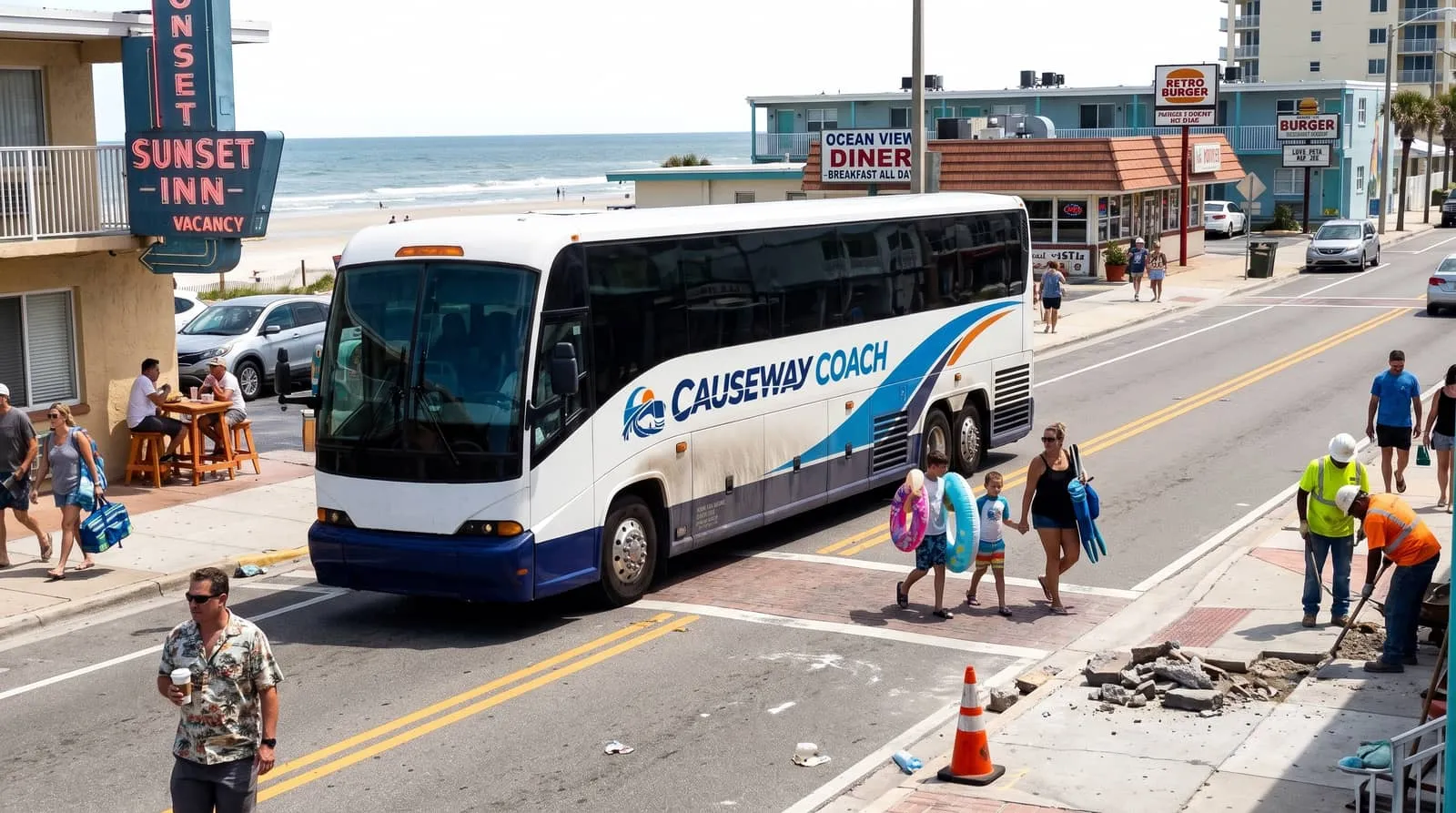 Causeway Coach motorcoach traveling a Florida causeway toward the Space Coast
