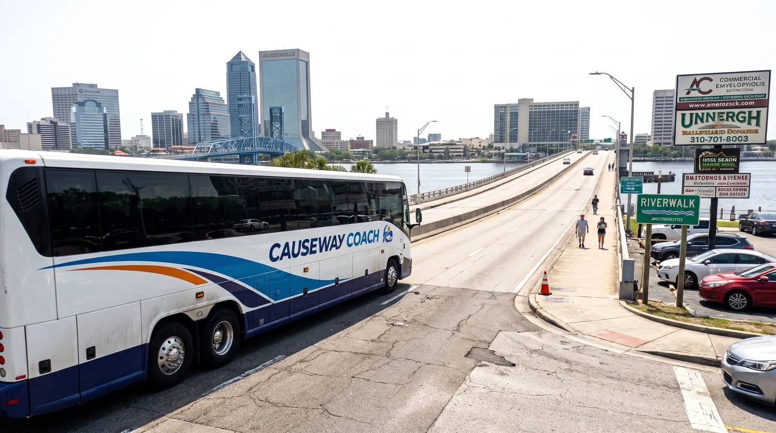 Causeway Coach motorcoaches staged outside a Jacksonville stadium ahead of a game day