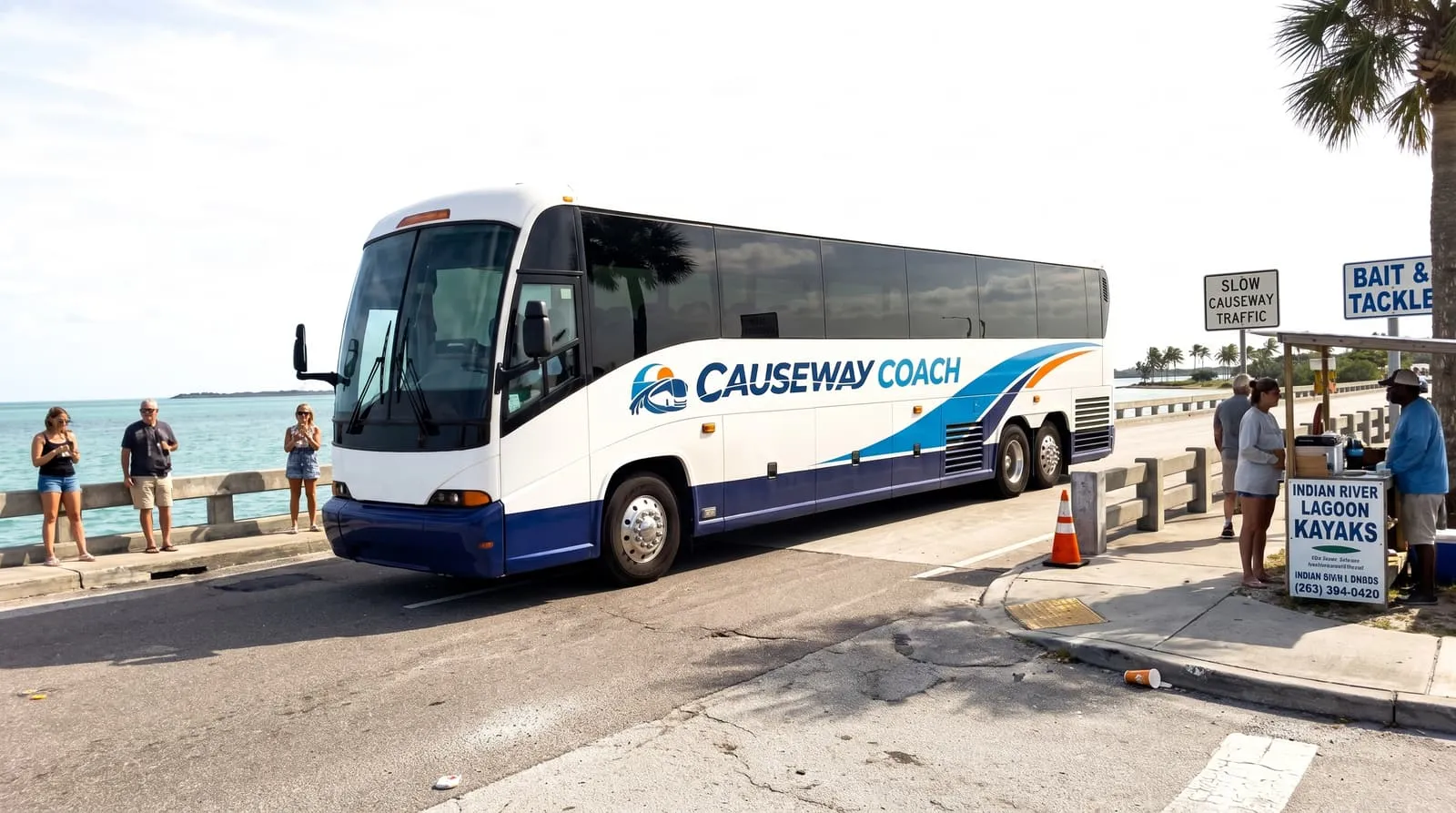 Causeway Coach motorcoach at an aerospace corporate campus entrance in Melbourne, Florida