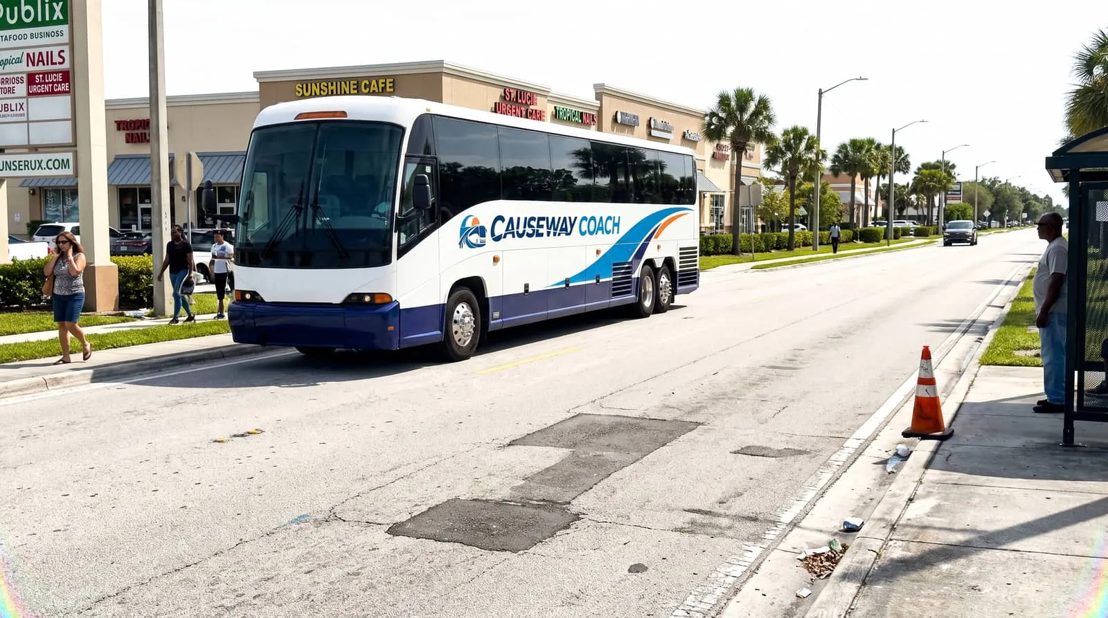 Causeway Coach motorcoach dropping a fan group at a Treasure Coast spring training ballpark