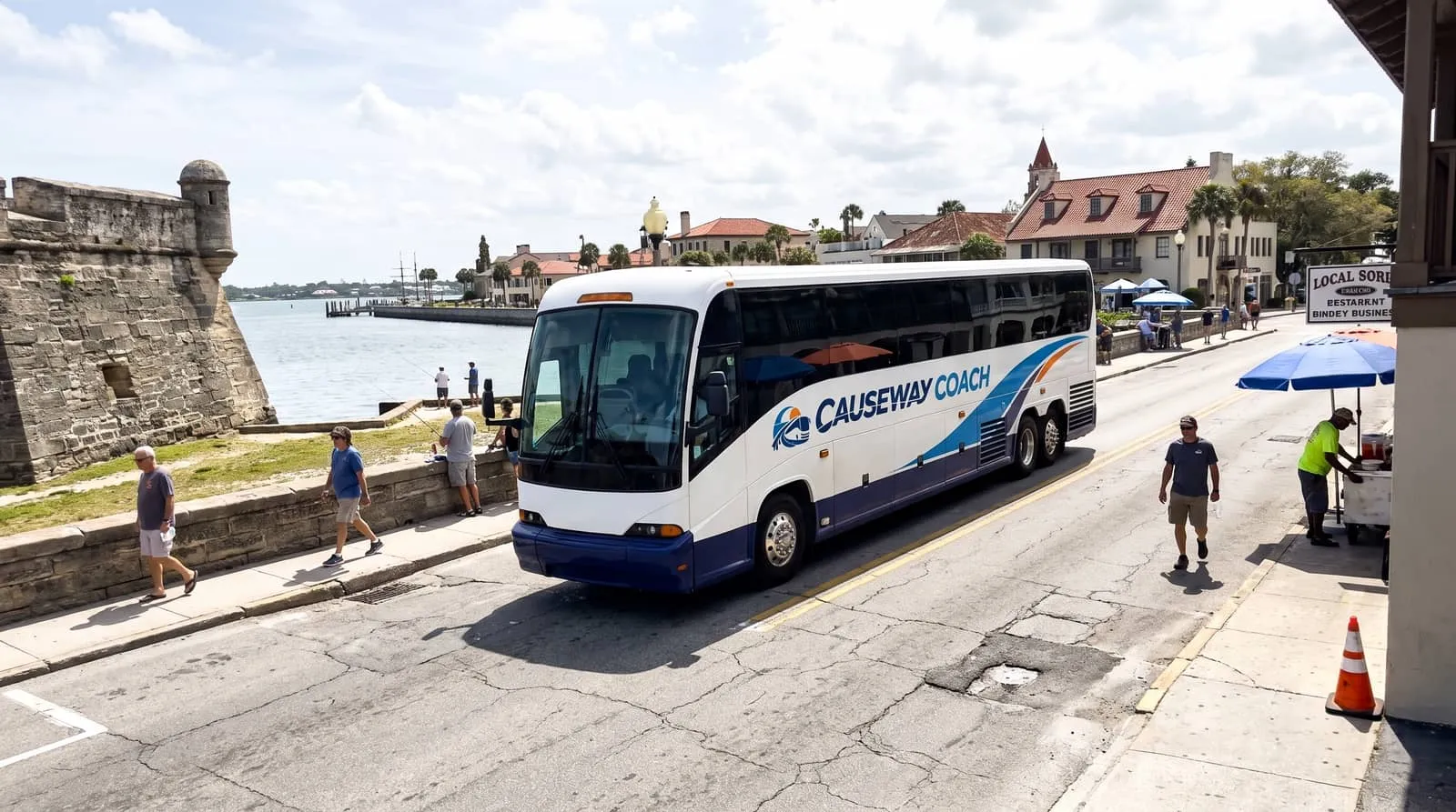 Causeway Coach motorcoach at a designated bus loading area near the historic district of St. Augustine