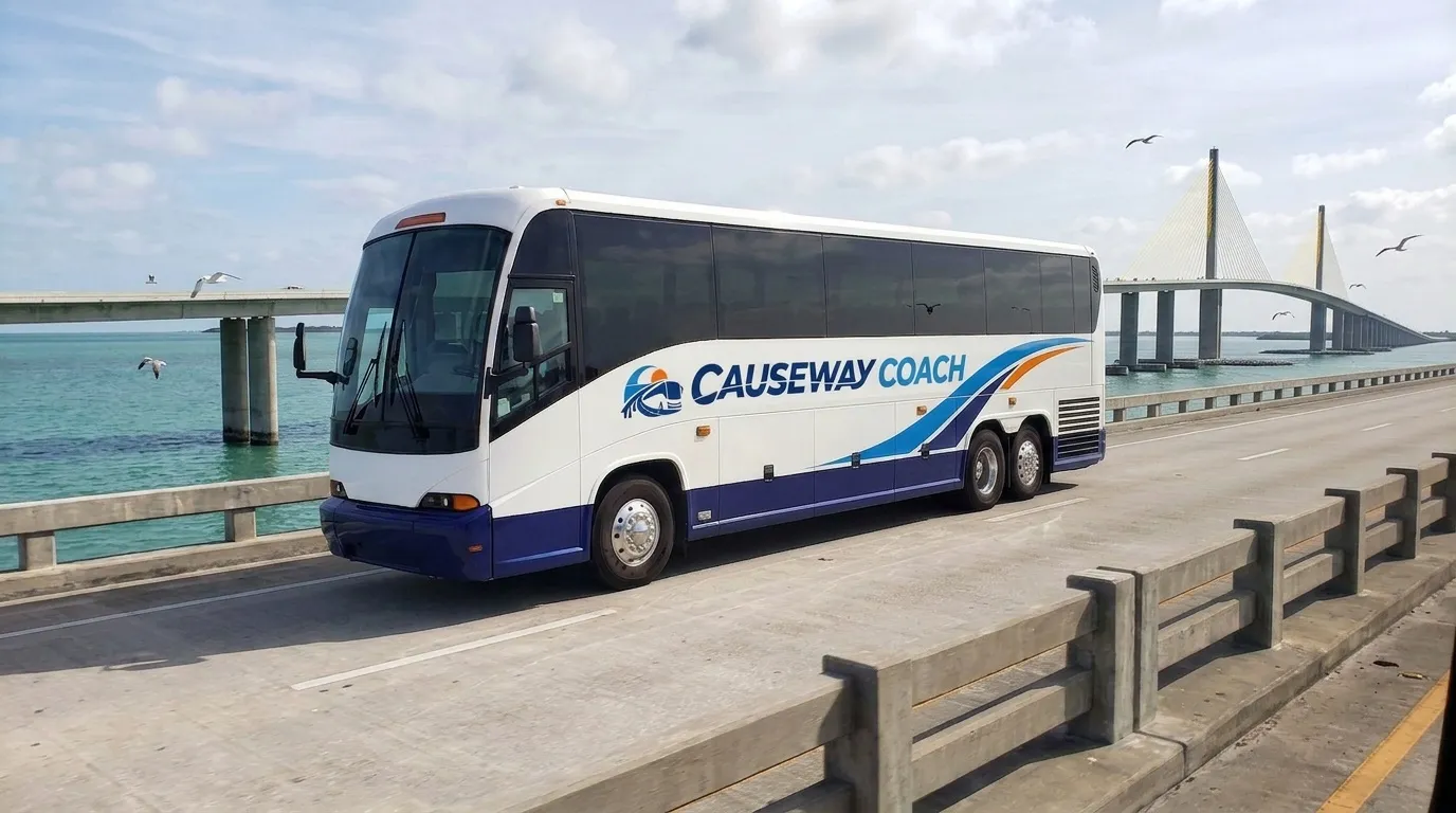 Causeway Coach motorcoach crossing a Space Coast causeway toward the Port Canaveral cruise terminals