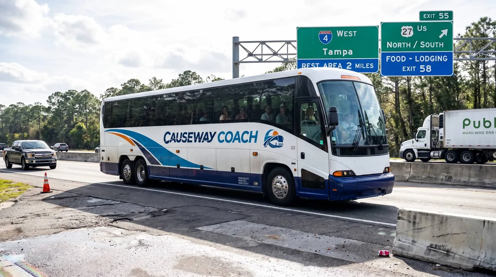 Causeway Coach motorcoach at Orlando International Airport departures after a run from Daytona Beach