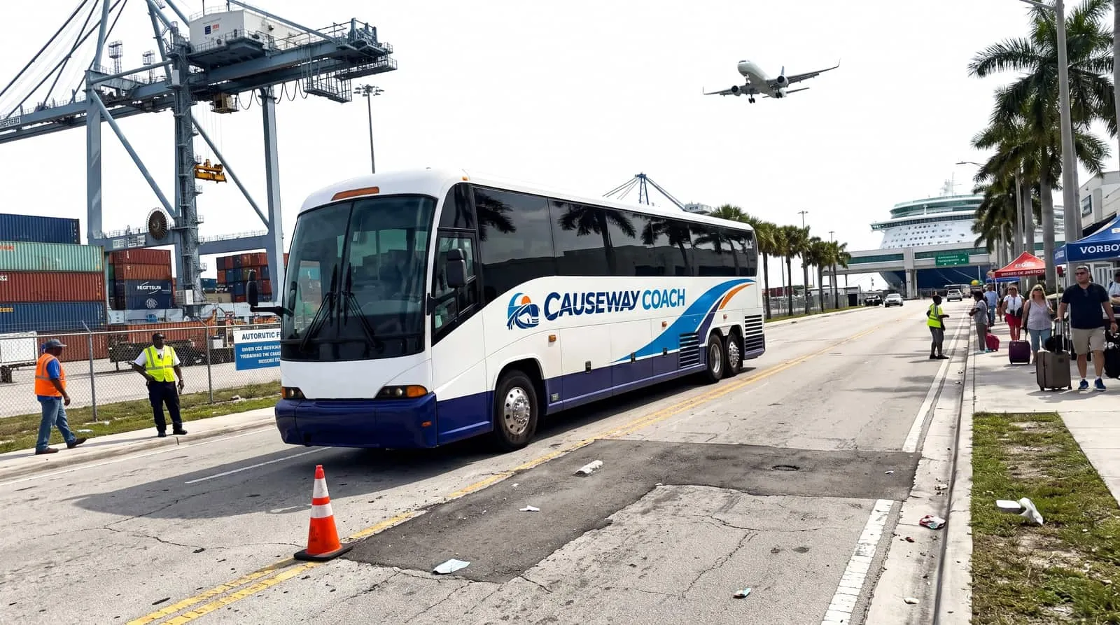Causeway Coach motorcoach at a Port Everglades cruise terminal after a short transfer from FLL