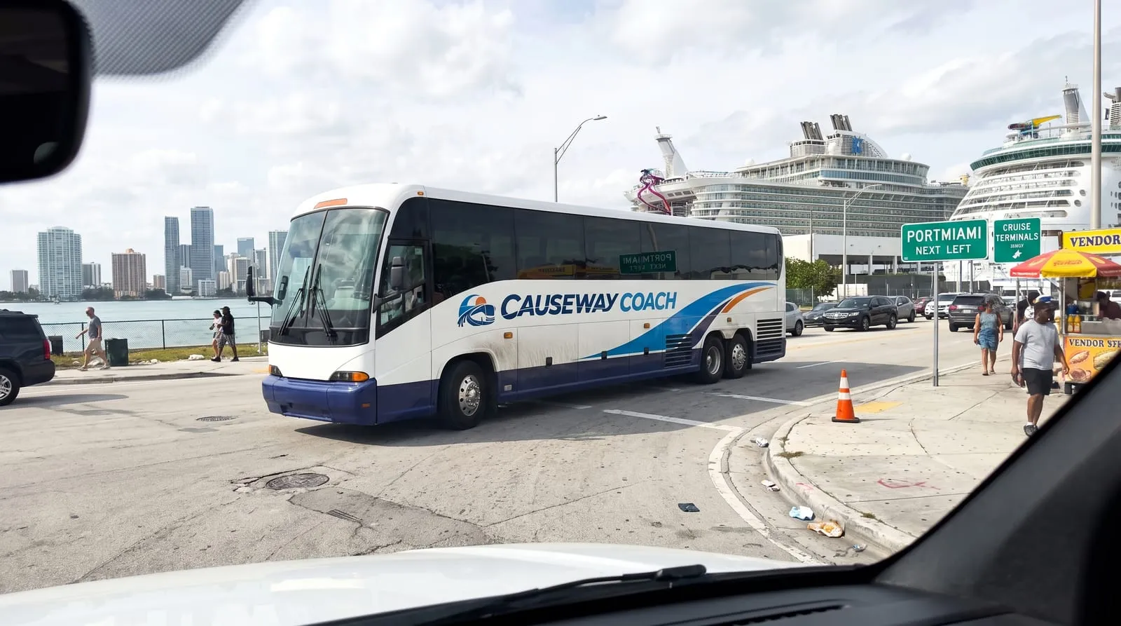 Causeway Coach motorcoach crossing the PortMiami bridge from Miami International Airport