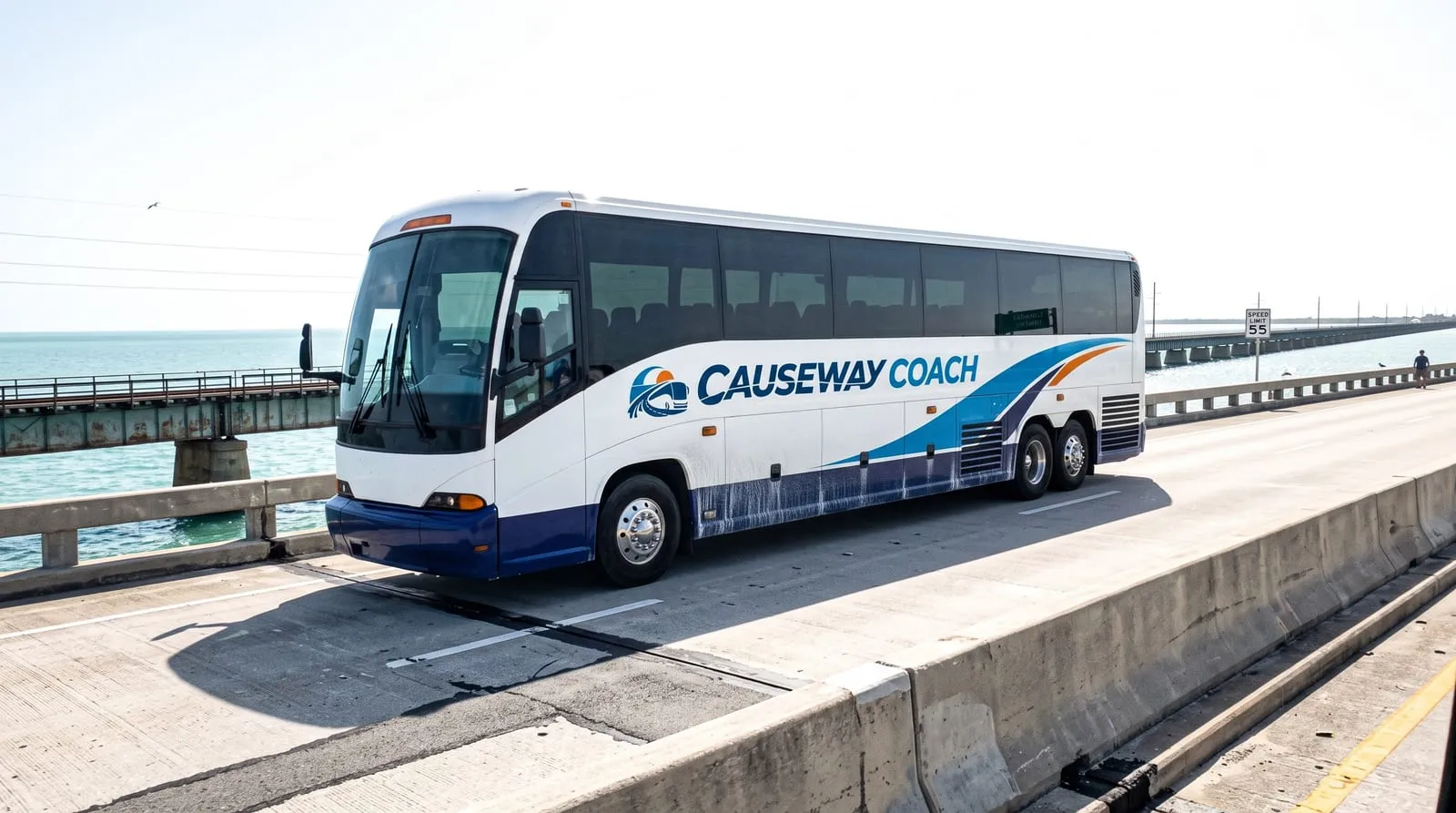 Causeway Coach motorcoach crossing a Florida Keys bridge on the Overseas Highway to Key West