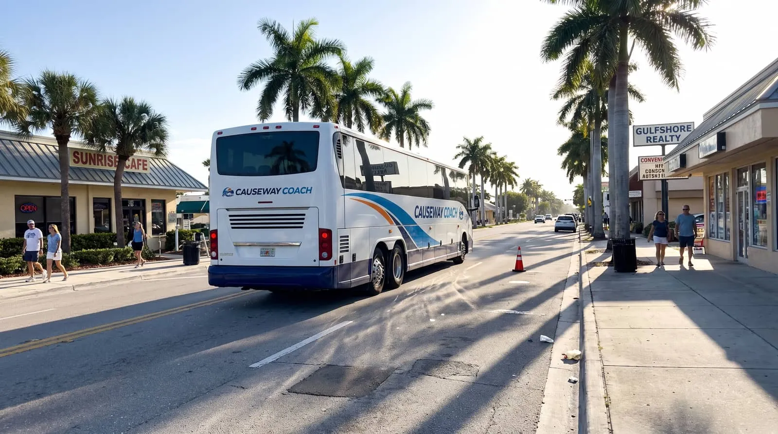 Causeway Coach motorcoach departing a Naples resort for a Miami cruise sailing