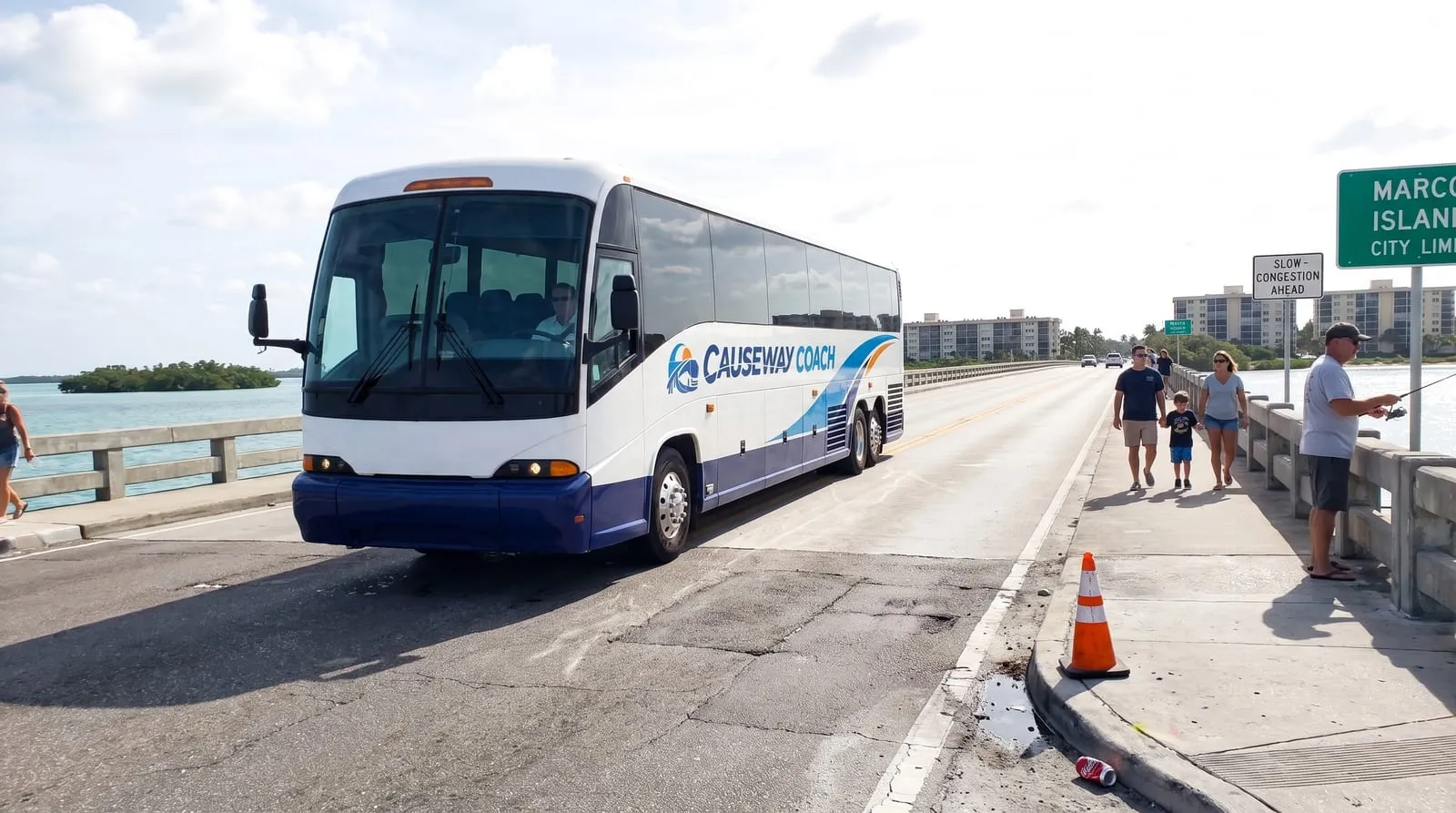 Causeway Coach motorcoach collecting a group at Southwest Florida International Airport for Marco Island