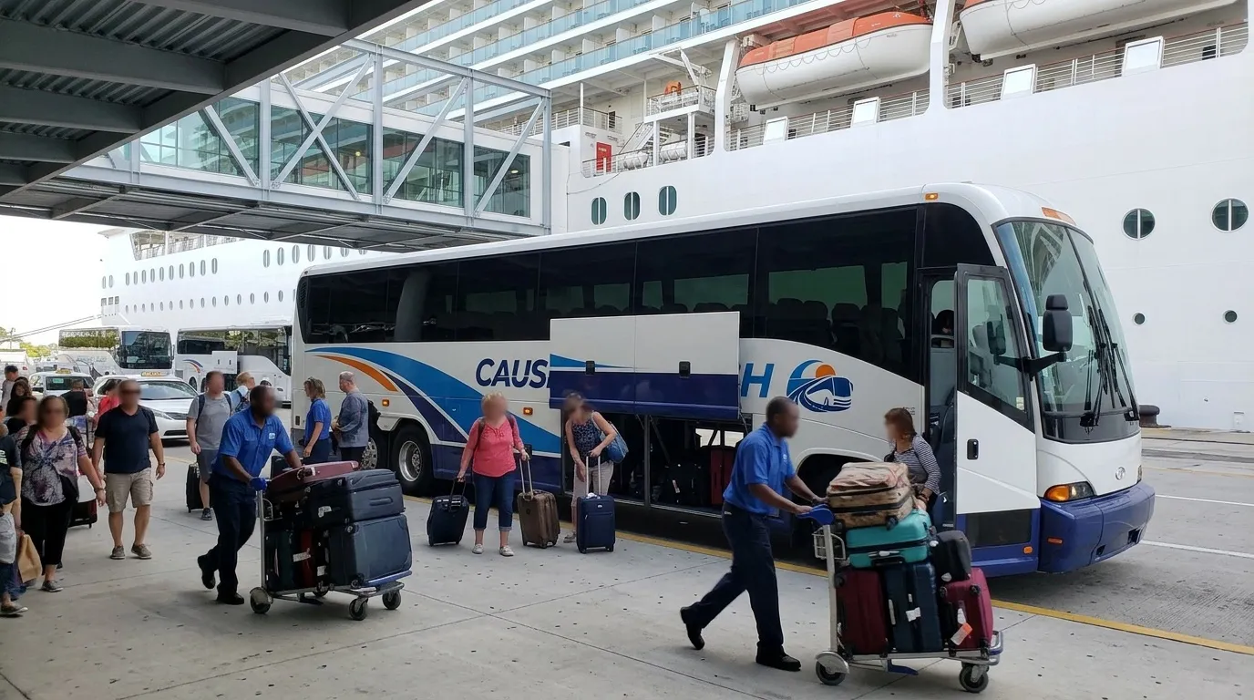 Causeway Coach motorcoach staged at a Florida cruise terminal on a turnaround morning