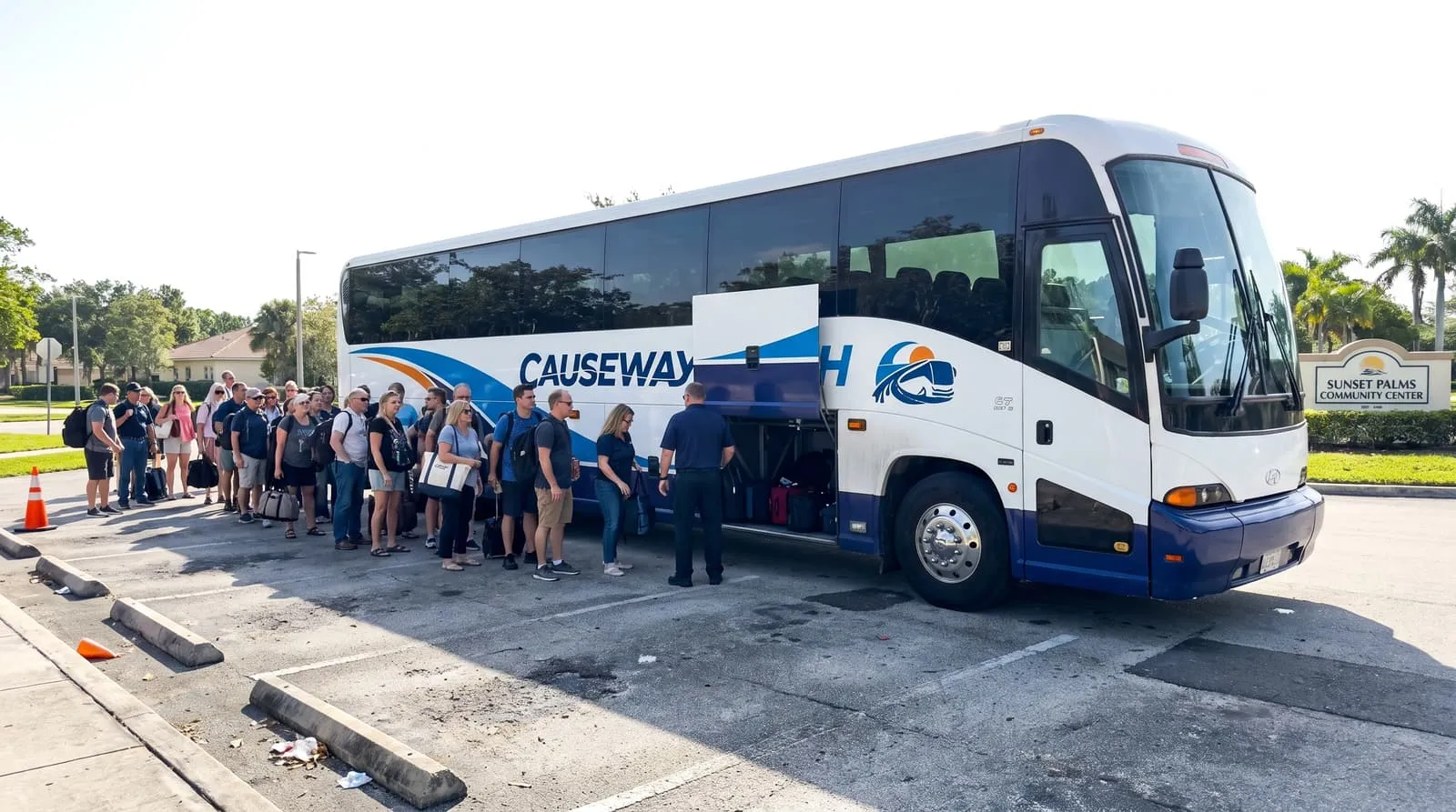 Causeway Coach motorcoach on a Florida causeway carrying a group between the mainland and the coast