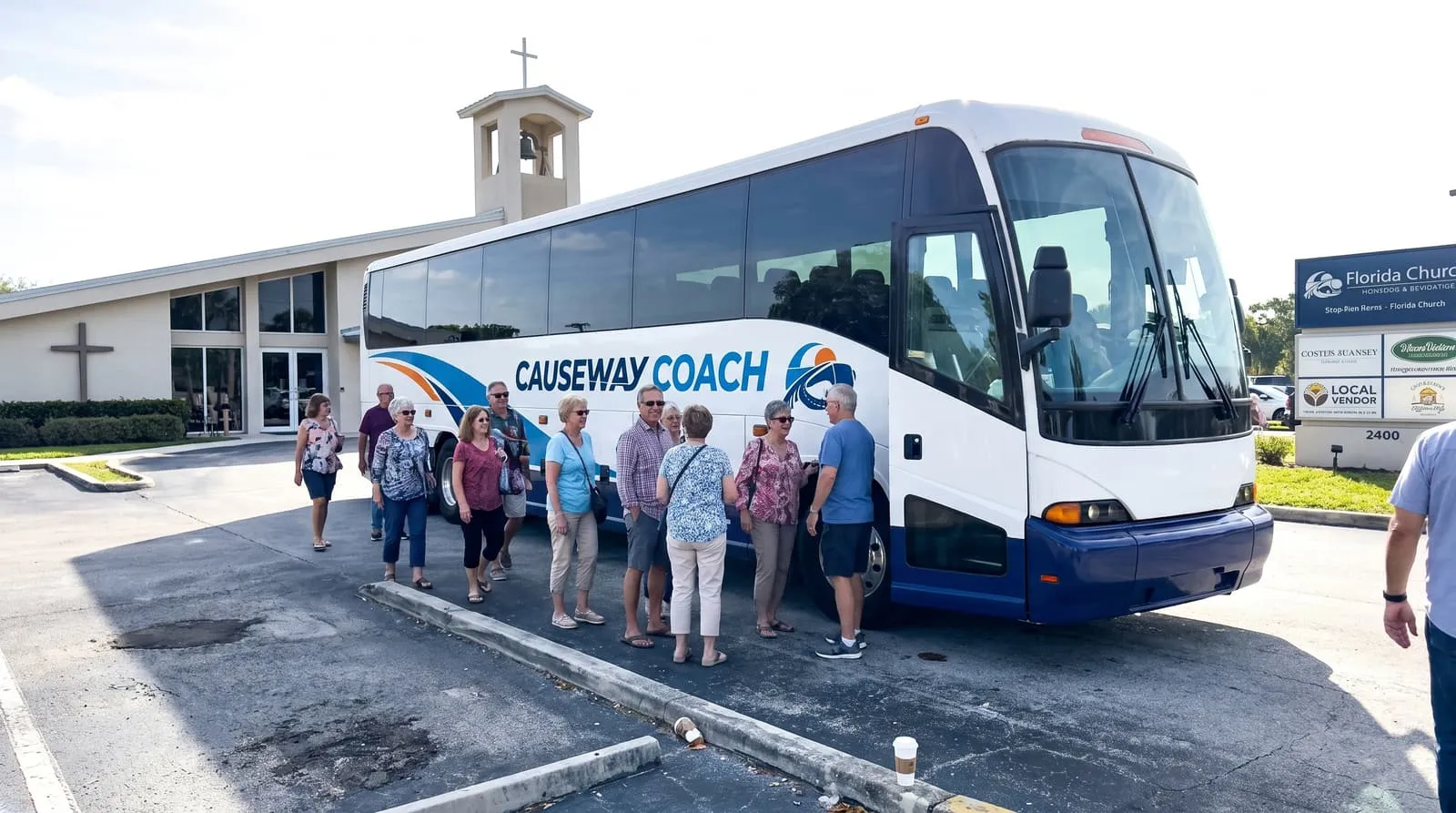 Church group boarding a Causeway Coach motorcoach for a weekend retreat in Florida
