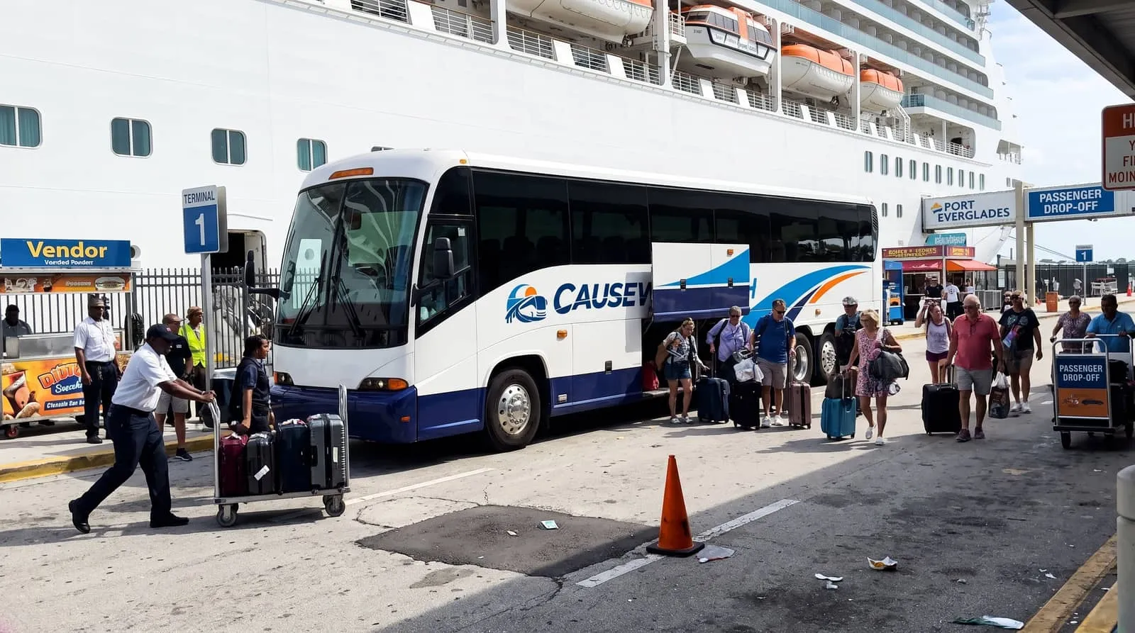 Causeway Coach motorcoach staged at a Florida cruise terminal on a turnaround morning