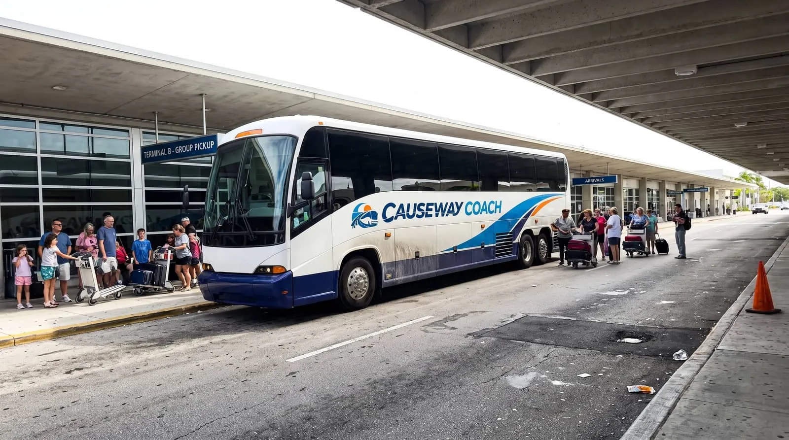 Causeway Coach motorcoach meeting a group at a Florida airport arrivals curb with luggage loading