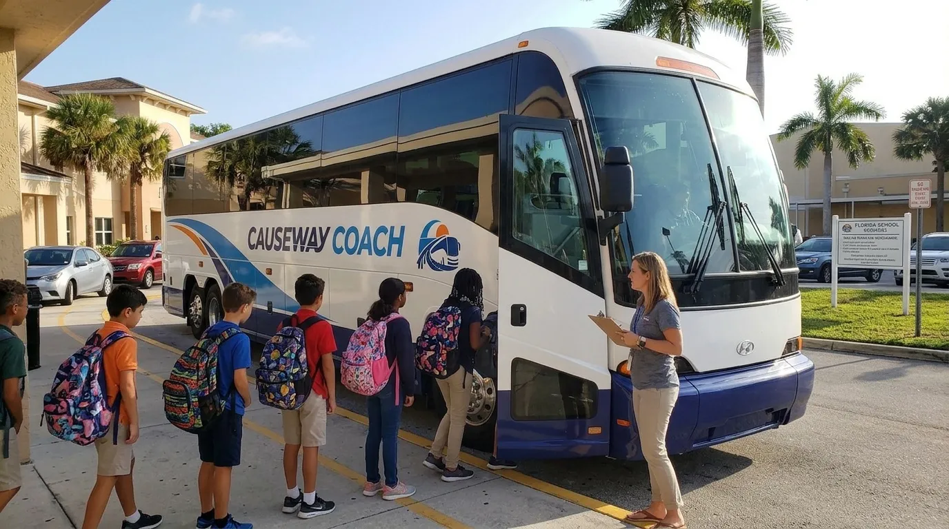 School group boarding a Causeway Coach bus for a Florida attraction