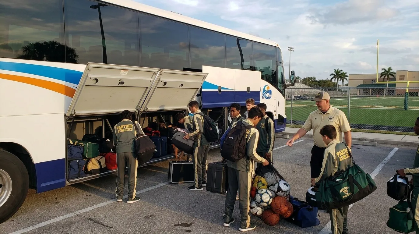 Youth sports team loading equipment into a Causeway Coach motorcoach