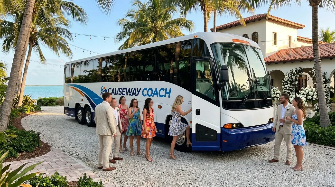 Wedding guests boarding a Causeway Coach shuttle at a Florida venue