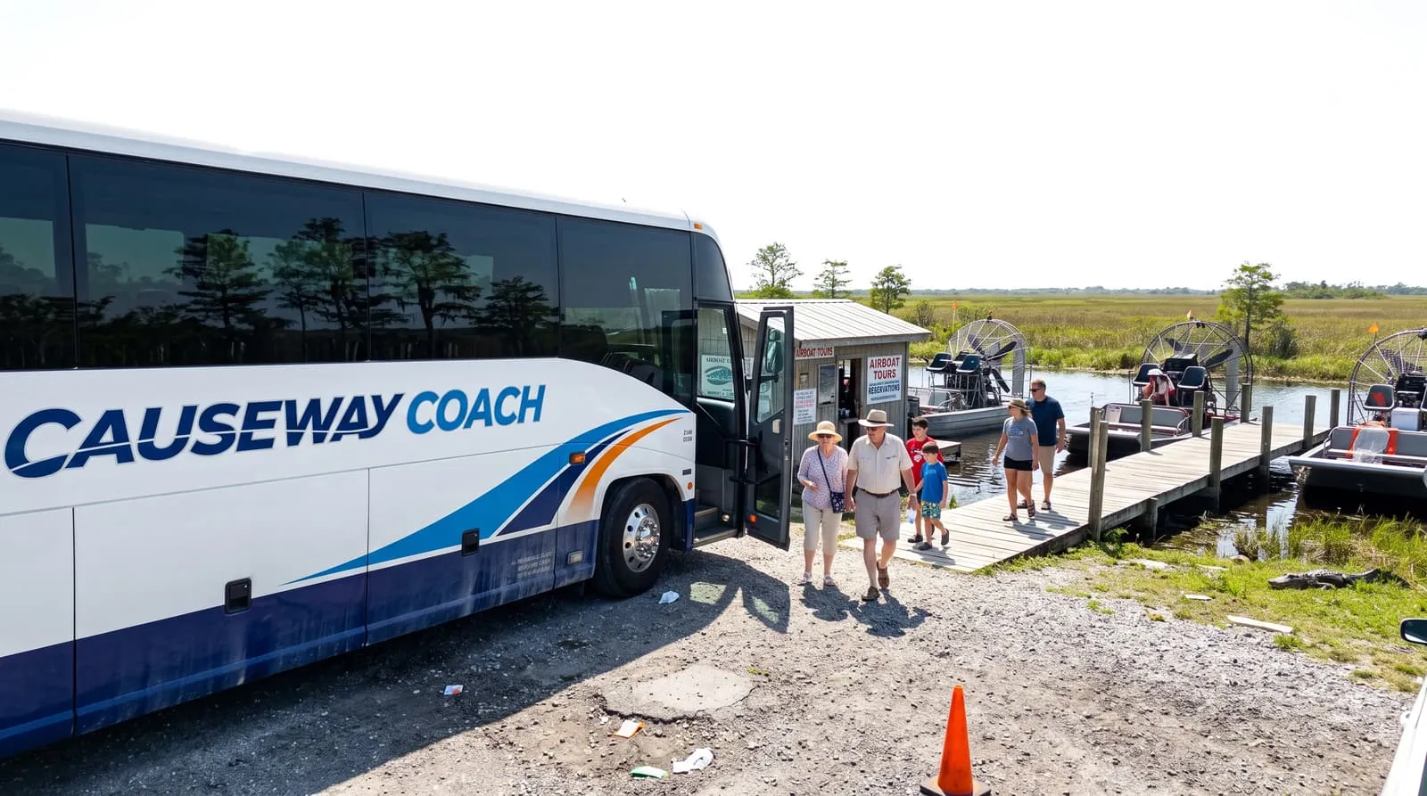 Group boarding a Causeway Coach shuttle for an Everglades airboat tour departure