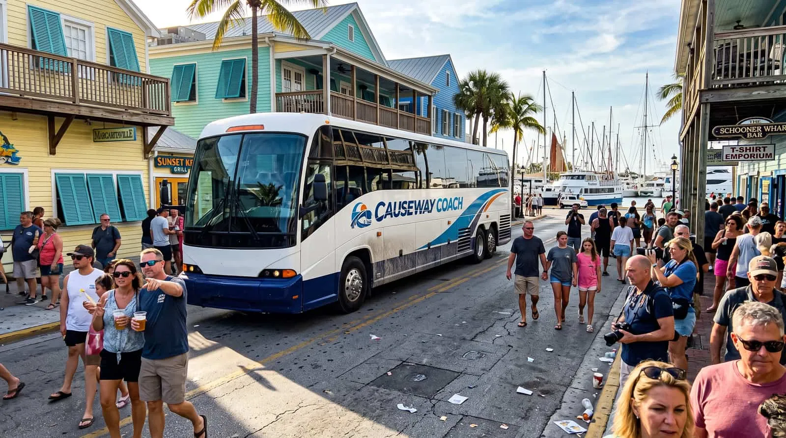 Causeway Coach motorcoach crossing a Florida Keys bridge on the Overseas Highway