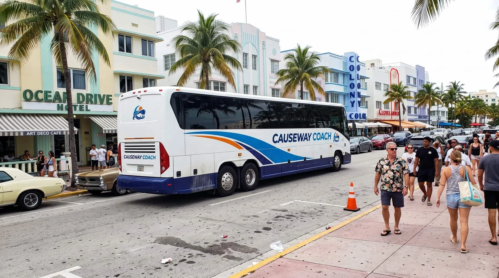 Causeway Coach motorcoach on a Miami causeway with the downtown skyline behind it