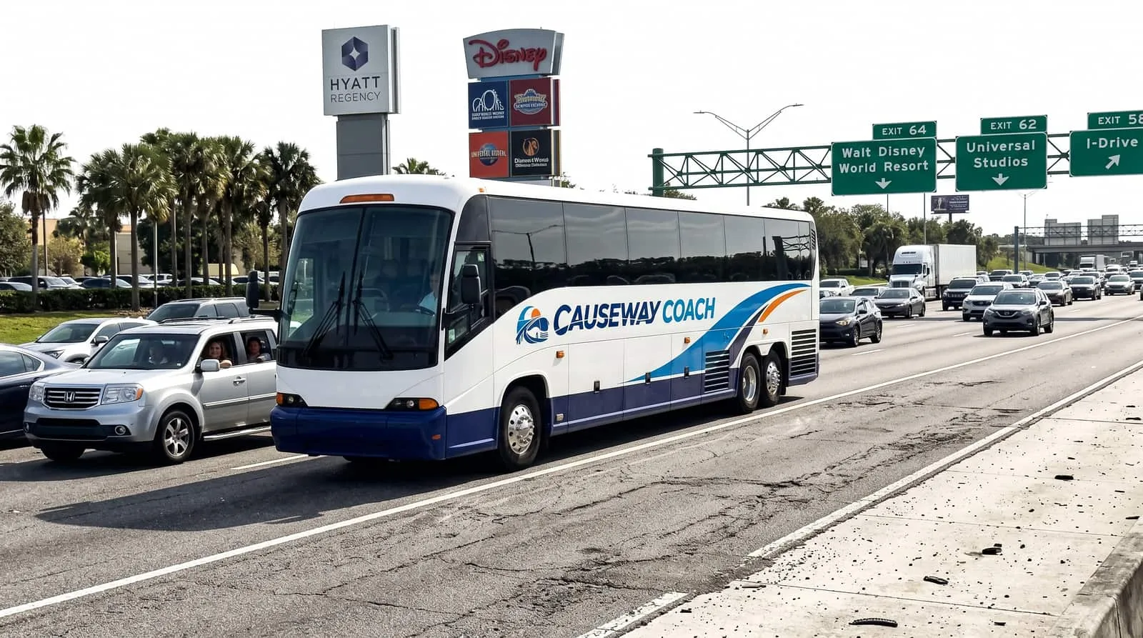 Causeway Coach motorcoach traveling a Central Florida highway toward Orlando