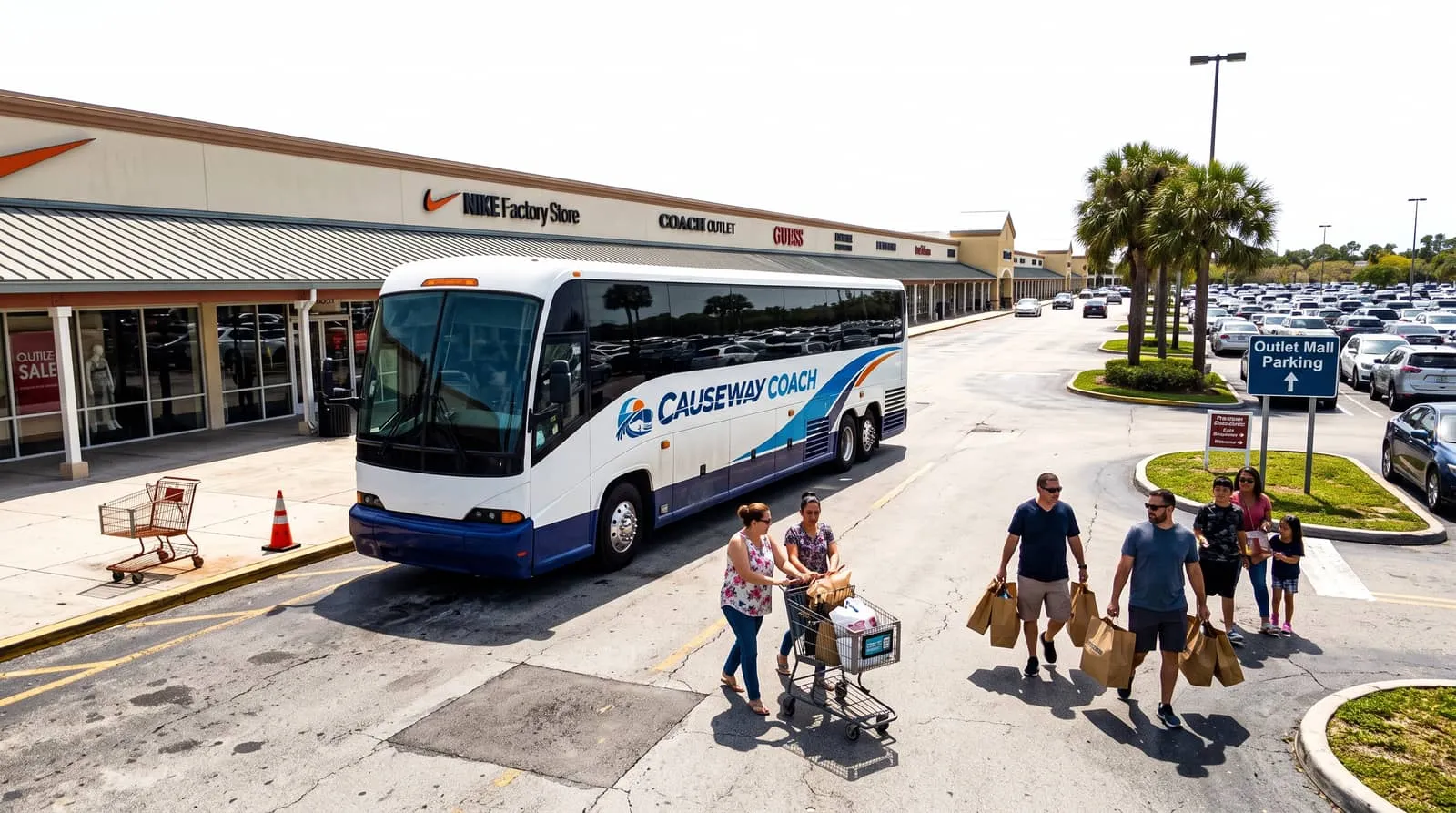 Causeway Coach shuttle waiting at a South Florida shopping destination entrance